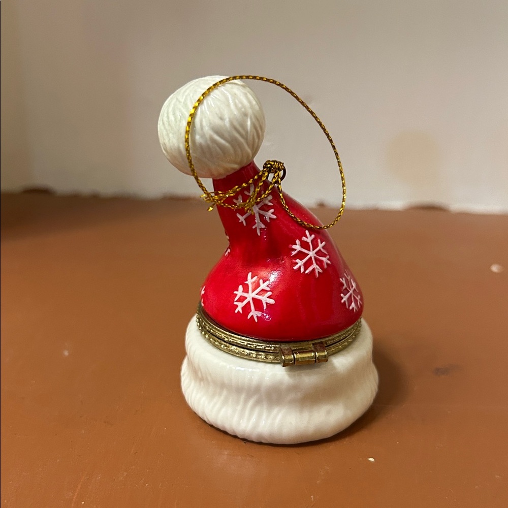 Red & White Santa Hat with Snowflakes Hinged Trinket Box Ornament -Porcelain - Picture 4 of 13